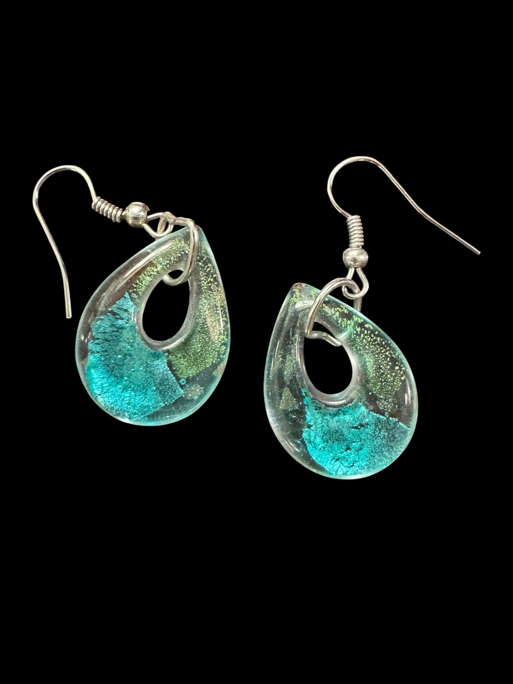 Handmade Venetian Glass Teardrop Earrings French Hook Turquiose Italy